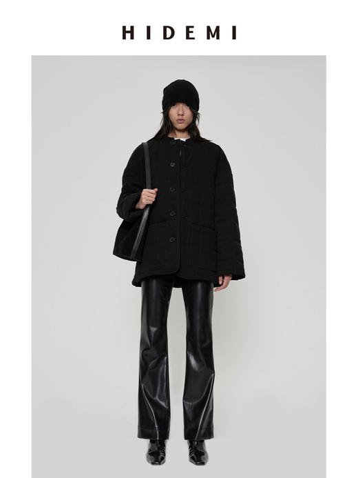 HIDEMI 【辛芷蕾同款】极简立领灯芯绒拼接绗缝菱格纹夹棉保暖棉服 黑色/酒红色 马甲背心/长袖外套 商品图6