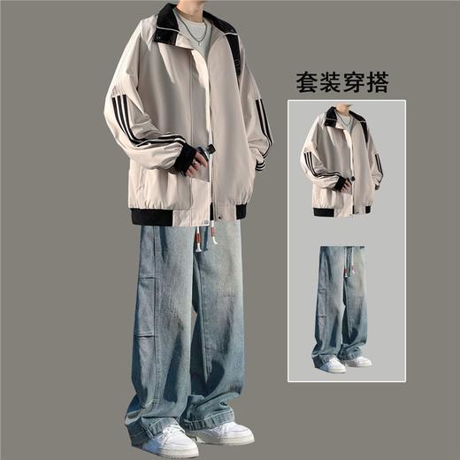 美式秋季立领外套男款潮牌休闲运动条纹夹克男生防风冲锋衣一整套 商品图0