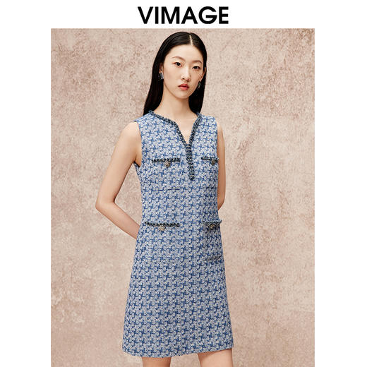 VIMAGE纬漫纪秋季新款气质V领显瘦小香风高级千金感无袖连衣裙V2207822 商品图1