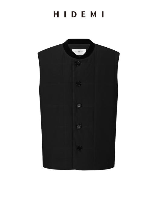 HIDEMI 【辛芷蕾同款】极简立领灯芯绒拼接绗缝菱格纹夹棉保暖棉服 黑色/酒红色 马甲背心/长袖外套 商品图13