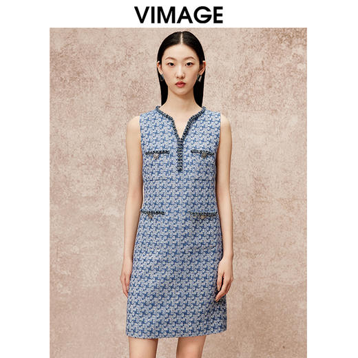 VIMAGE纬漫纪秋季新款气质V领显瘦小香风高级千金感无袖连衣裙V2207822 商品图5