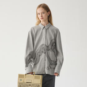 谜底衬衫长袖女2024冬新品通勤风复古印花落肩宽松衬衣244GC1539