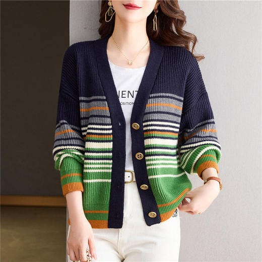 CC-26-8193   v领彩色条纹针织开衫长袖女春秋2024新款设计感拼接撞色毛衣外套 商品图0