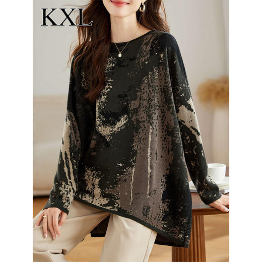 雀说宽松慵懒风针织衫上衣女春秋装新款超好看遮肚子显瘦印花毛衣AL8877 商品图6