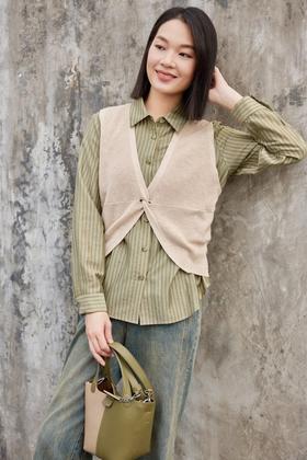 LNNNS #全新 复古绿色衬衫针织马甲套装 18920