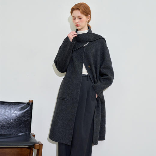 西遇100%绵羊毛大衣外套秋装女款新款围巾领简约高级感外套M0042988 商品图3