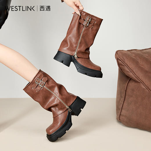 西遇厚底裤管靴女新款秋冬复古软皮套筒不过膝长筒靴增高长靴D3547667 商品图2