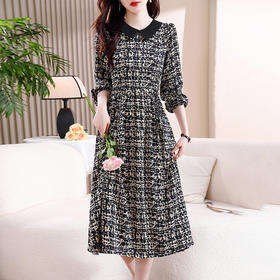 雀说新款时尚洋气翻领拼接减龄复古收腰系带中长裙AL9656