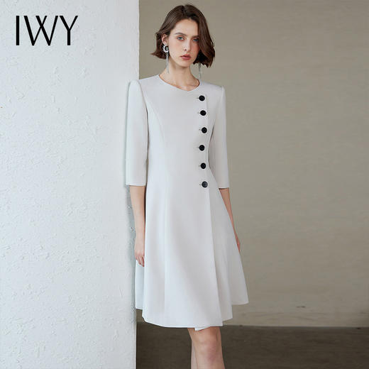 IWY/优雅知性圆领连衣裙气质女神范单排扣西装连身裙遮肉显瘦大摆裙Q1156 商品图4
