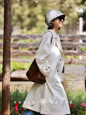 白教堂 100%纯棉褶皱感大翻领双排扣长风衣