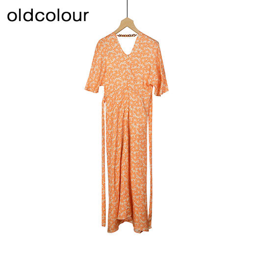 oldcolour夏款橘色时尚气质高腰V领碎花长款短袖连衣裙O22101271 商品图1