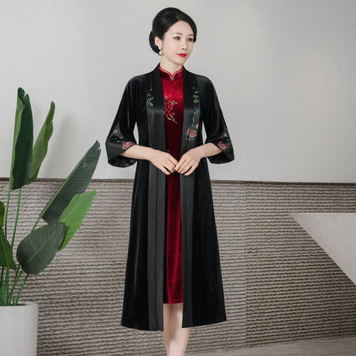 HYX-24-7842新款中袖醋酸韩国绒百搭外套外披长款开衫中国风 商品图0