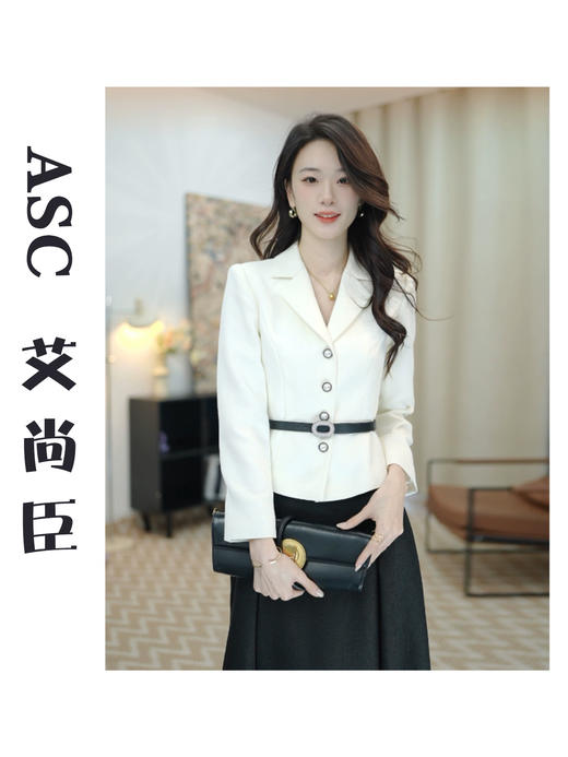 艾尚臣西装两件套白色设计感上衣黑色半身裙套装 商品图2