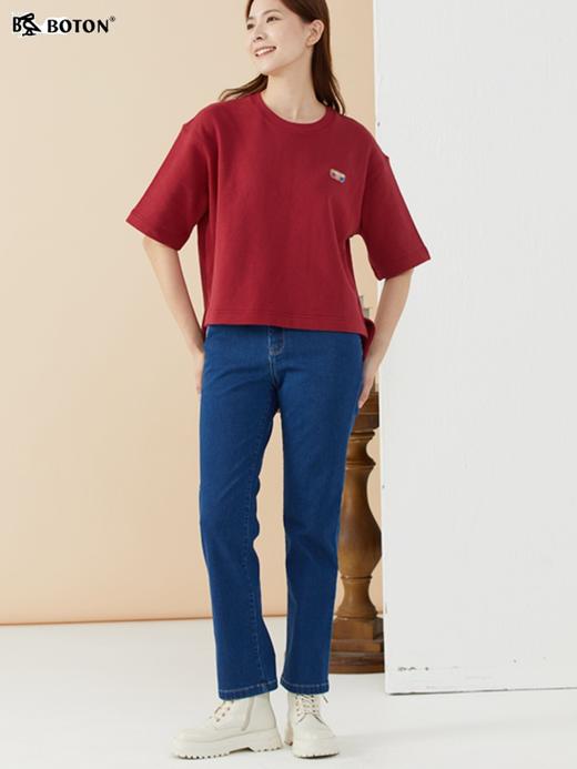 波顿夏季高端枣红色圆领t恤女短袖宽松纯色上衣简约LT282322 商品图3