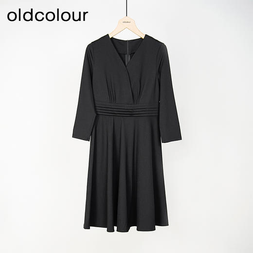 oldcolour春秋款黑色简约优雅通勤V领长袖连衣裙GL32103859 商品图0