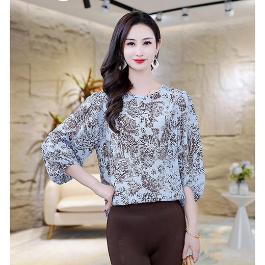 LS-AS0329七分袖双绉真丝上衣女2024年秋装新款印花时尚桑蚕丝气质显瘦上衣 商品图3
