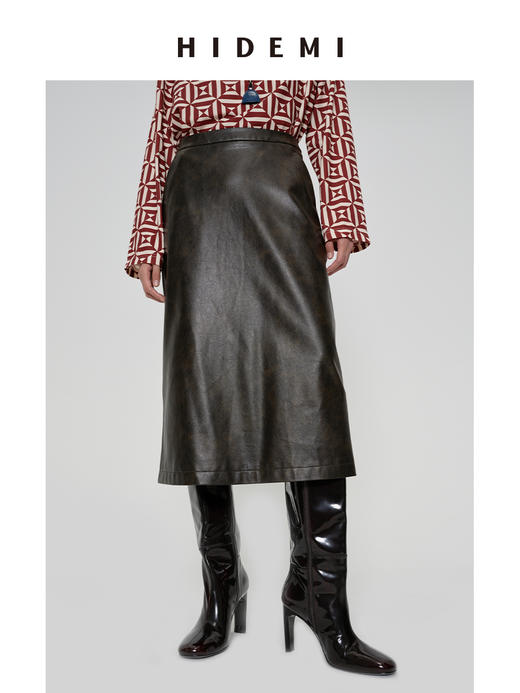 HIDEMI 甄选复古水洗擦色感环保蛋白皮H型极简半身裙皮裙 商品图4