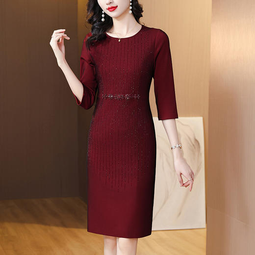 雀说新款绣花亮片酒红色连衣裙AL7112 商品图0