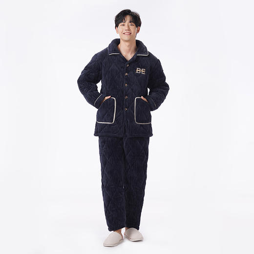 都市丽人都市锋尚睡衣夹棉系列长袖长毛绒烂花夹棉加厚男士加夹棉套装FHT1E2 商品图1