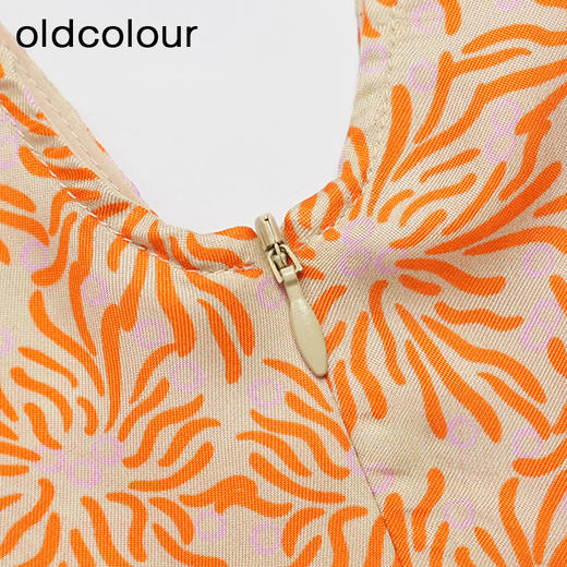 oldcolour夏款橘色时尚气质高腰V领碎花长款短袖连衣裙O22101271 商品图4