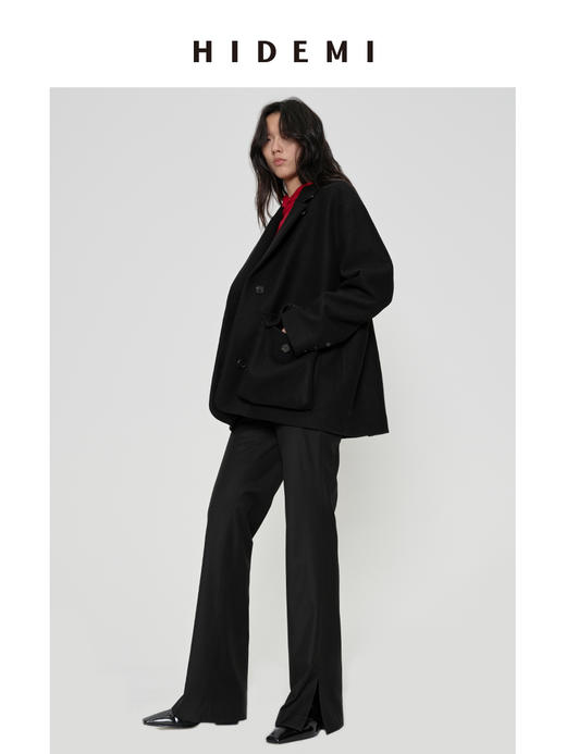 HIDEMI 【当当同款】极简大立体口袋设计感飞行员式领底呢手工式拼接宽肩大廓形绵羊毛厚款中短款毛呢西装大衣外套 商品图10