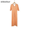 oldcolour夏款橘色时尚气质高腰V领碎花长款短袖连衣裙O22101271 商品缩略图0