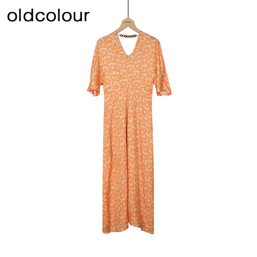 oldcolour夏款橘色时尚气质高腰V领碎花长款短袖连衣裙O22101271 商品图0