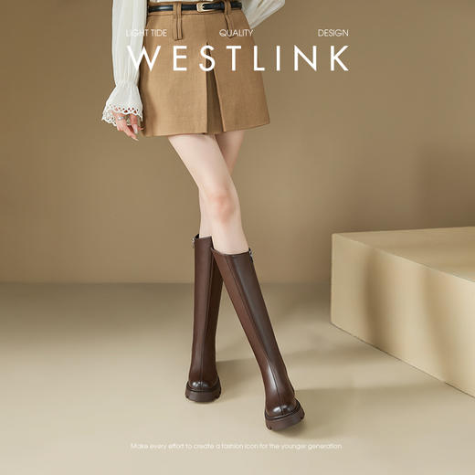 西遇增高厚底长筒骑士靴女新款秋冬小个子宽筒皮靴圆头黑色长靴子V3547571 商品图4