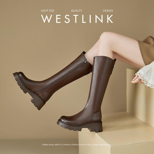 西遇增高厚底长筒骑士靴女新款秋冬小个子宽筒皮靴圆头黑色长靴子V3547571 商品图3