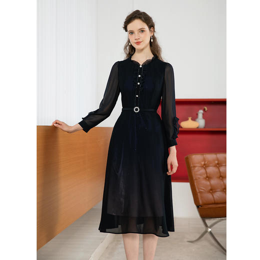 司歌长袖荷叶轻薄长袖连衣裙收腰A901204X 商品图2