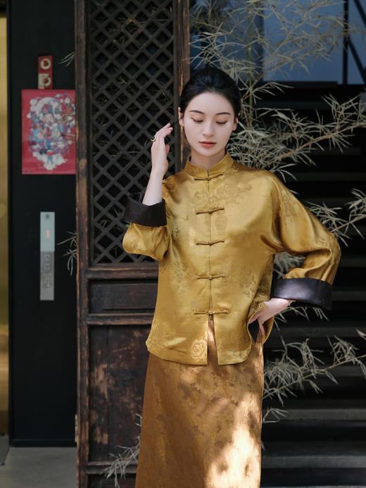 盛唐牡丹|钱币团花纹重缎香云纱对襟外套 商品图1