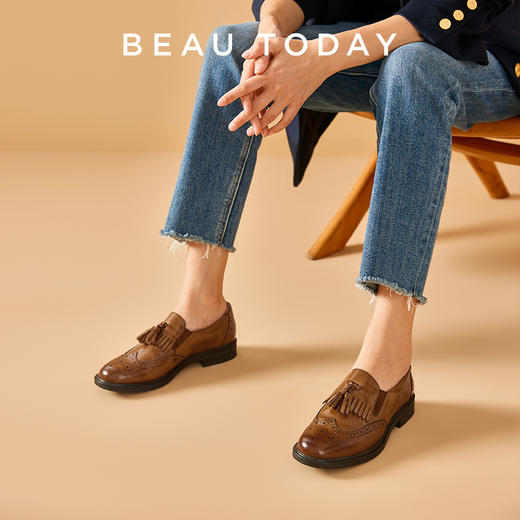 BeauToday 吊穗布洛克时尚复古低跟乐福鞋女鞋英伦风27188 商品图2