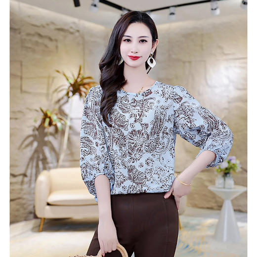 LS-AS0329七分袖双绉真丝上衣女2024年秋装新款印花时尚桑蚕丝气质显瘦上衣 商品图2