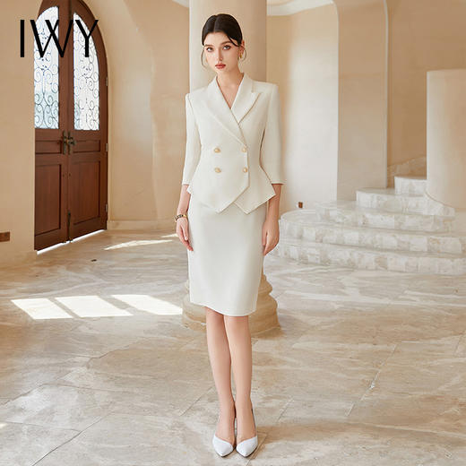 IWY/正式场合连衣裙女医美容院工作服米色假两件套装Q1179 商品图2