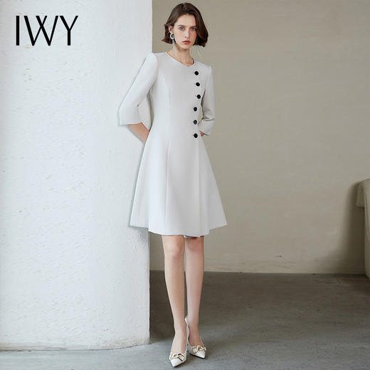 IWY/优雅知性圆领连衣裙气质女神范单排扣西装连身裙遮肉显瘦大摆裙Q1156 商品图1