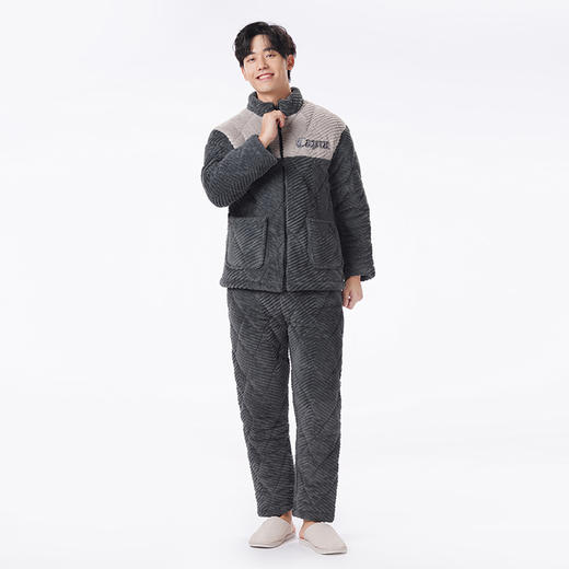都市丽人都市锋尚睡衣夹棉系列长袖法兰绒烂花夹棉加厚男士加夹棉套装FHT1E1 商品图1