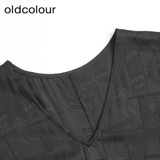 oldcolour夏款黑色气质时尚通勤收腰V领长款短袖连衣裙O23101325 商品图2