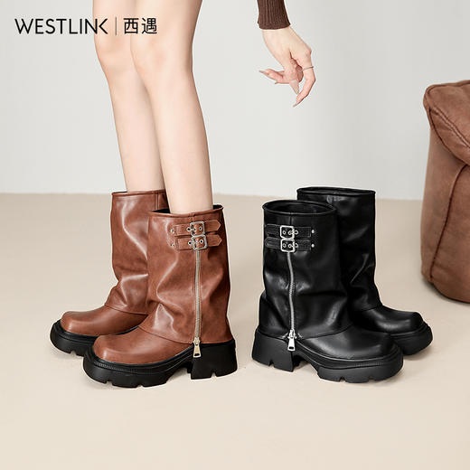 西遇厚底裤管靴女新款秋冬复古软皮套筒不过膝长筒靴增高长靴D3547667 商品图0