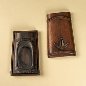 清 竹节工敞池澄泥砚及红木竹节工砚盒