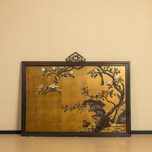 清 红木镶漆地百宝嵌花鸟纹挂屏 商品图0