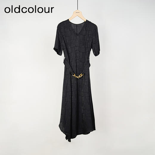 oldcolour夏款黑色气质时尚通勤收腰V领长款短袖连衣裙O23101325 商品图0