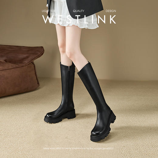 西遇增高厚底长筒骑士靴女新款秋冬小个子宽筒皮靴圆头黑色长靴子V3547571 商品图1