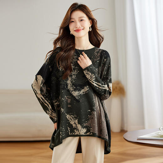 雀说宽松慵懒风针织衫上衣女春秋装新款超好看遮肚子显瘦印花毛衣AL8877 商品图1