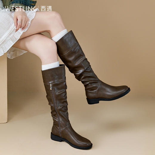 西遇褶皱堆堆靴女新款秋冬高级感黑色高筒长靴不过膝长筒靴D3547669 商品图2