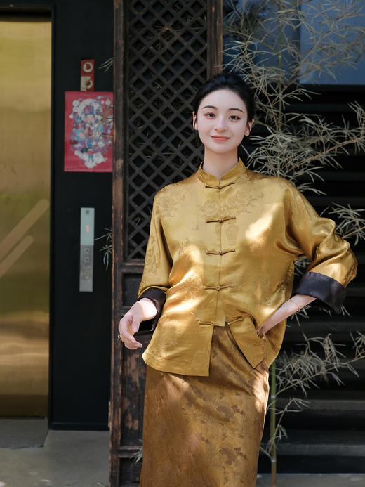 盛唐牡丹|钱币团花纹重缎香云纱对襟外套 商品图0