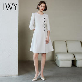 IWY/优雅知性圆领连衣裙气质女神范单排扣西装连身裙遮肉显瘦大摆裙Q1156