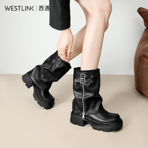 西遇厚底裤管靴女新款秋冬复古软皮套筒不过膝长筒靴增高长靴D3547667 商品图1