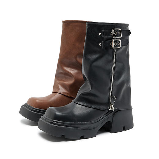 西遇厚底裤管靴女新款秋冬复古软皮套筒不过膝长筒靴增高长靴D3547667 商品图4