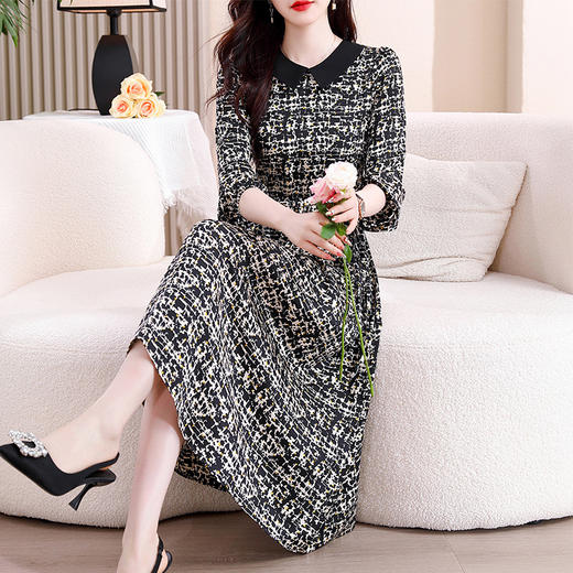 雀说新款时尚洋气翻领拼接减龄复古收腰系带中长裙AL9656 商品图3