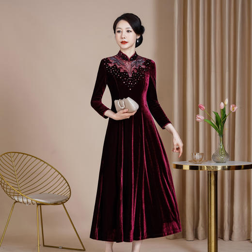 HYX-24-7856网纱新款大摆裙改良丝绒旗袍裙大码喜妈妈婚宴礼服长款喜婆婆新款 商品图0